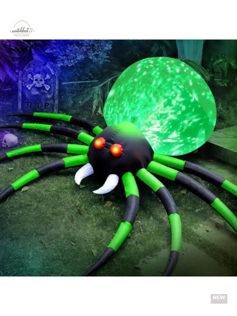 Giant 8FT Inflatable Halloween Spider with Green Rotating Light LED Yard